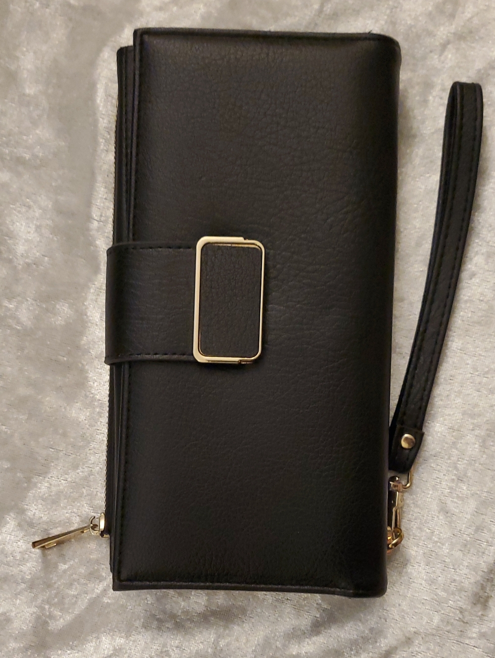 Black Vegan Faux Leather Continental Tri Fold Wallet Clutch Wristlet New